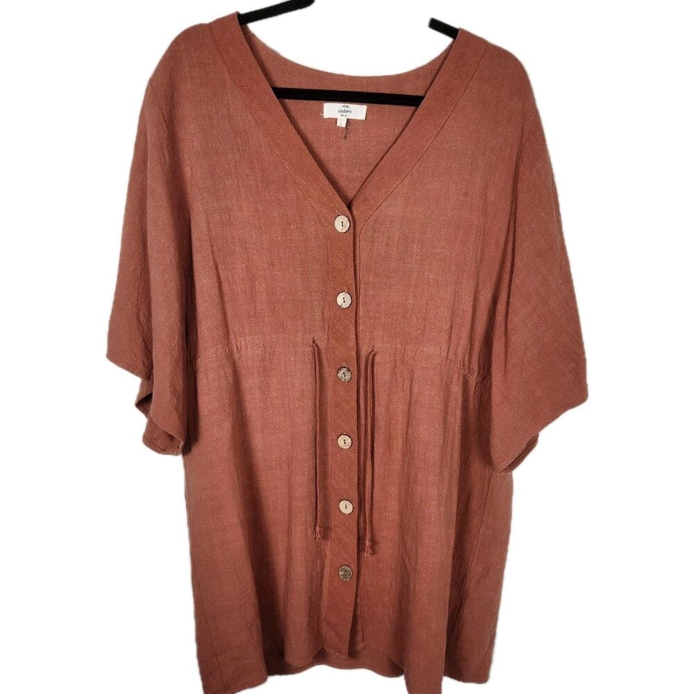 Entro Linen Blend Brown Terracotta Boho Lagenlook Casual Beach Button Up SZ M